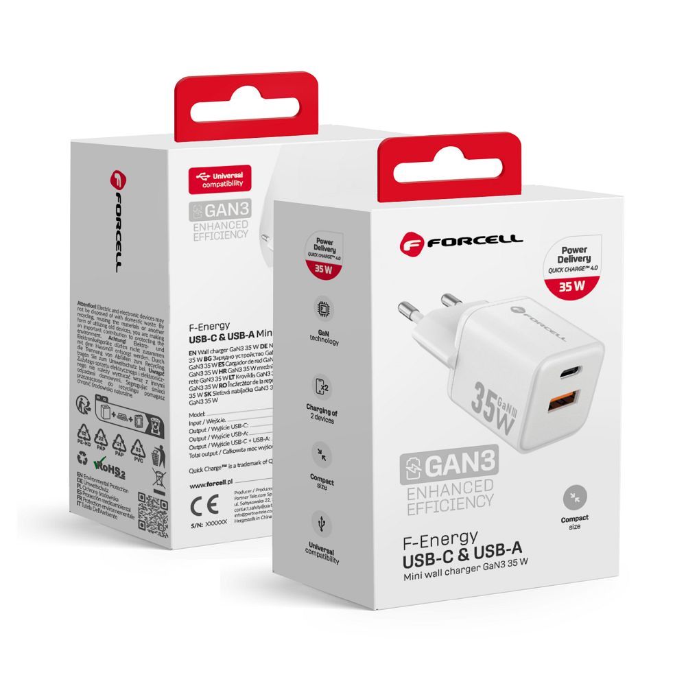 Immagine di CARICATORE FORCELL MINI GAN III VT-35C TRAVEL CHARGER  1X TYPE C + 1X USB A PD QC4.0 35W WHITE